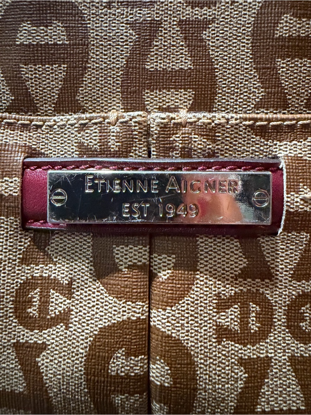 Etienne Aigner Monogram Canvas Hobo Bag with Burgundy Leather Accent EUC - Picture 6 of 10